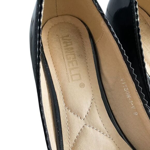 VANGELO DONNA Black Patent Leather Slip-On Wedge Peep Toe Shoes Scalloped 9 - Picture 11 of 15